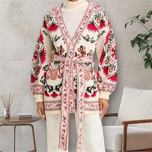 FARM Rio Cardigan Sweater Cashew Mandala Belted V-Neck Exclusive NWT